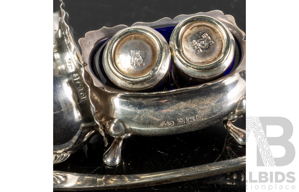 Collection Vintage Sterling Silver Pieces Comprises Jam Spoon, Pair Small Salt Shakers, Rectangular Salt Cellar with Bristol Blue Glass Liner, Round Salt Cellar
