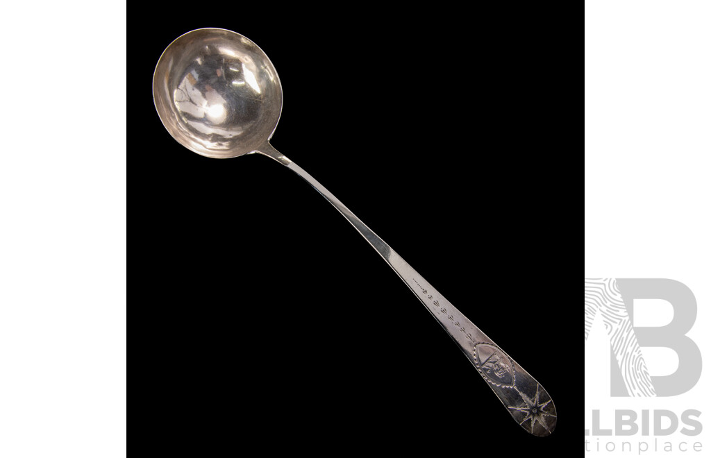 Antique Irish Sterling Silver Ladle by John Shiels, Dublin, 1769 with Engraved Detail and Lion Monogram to Top and Original Receipt