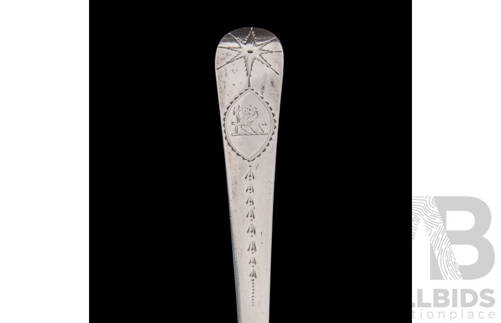 Antique Irish Sterling Silver Ladle by John Shiels, Dublin, 1769 with Engraved Detail and Lion Monogram to Top and Original Receipt