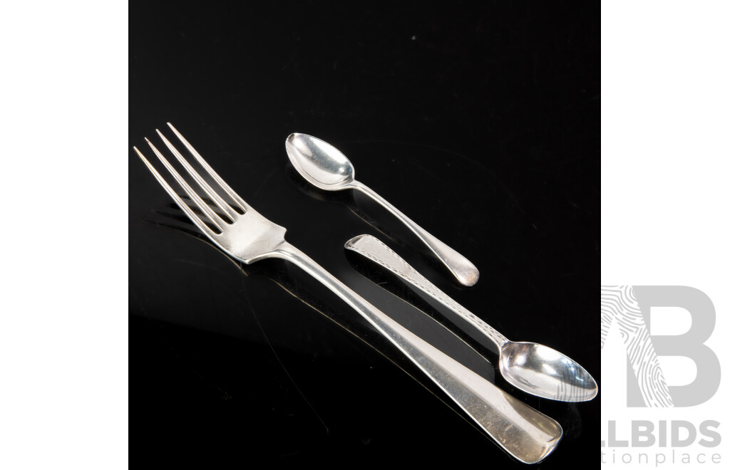 Three Antique Sterling Silver Flatware Pieces Comprising Dutch Mains Fork, J Van Kempen 1846 Teaspoon with EM Engraved to Handle, Thomas Law Sheffield 1794 & Teaspoon, George Howe Sheffield 1904