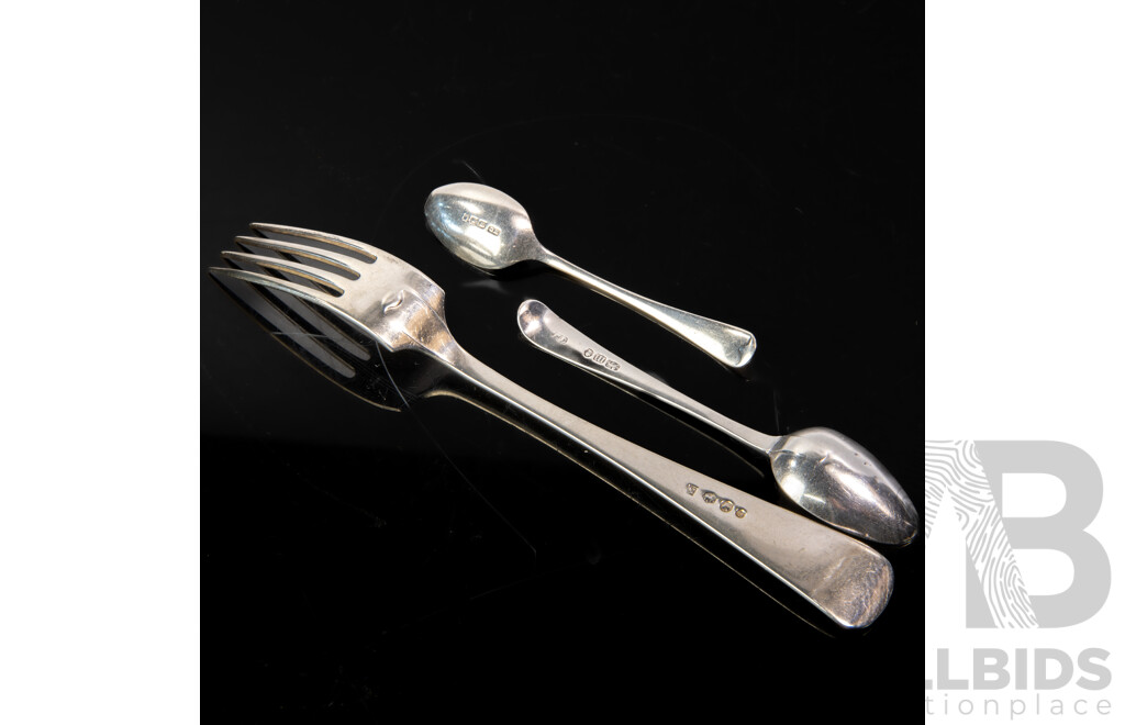 Three Antique Sterling Silver Flatware Pieces Comprising Dutch Mains Fork, J Van Kempen 1846 Teaspoon with EM Engraved to Handle, Thomas Law Sheffield 1794 & Teaspoon, George Howe Sheffield 1904
