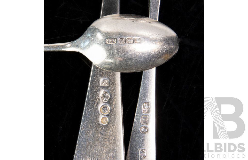 Three Antique Sterling Silver Flatware Pieces Comprising Dutch Mains Fork, J Van Kempen 1846 Teaspoon with EM Engraved to Handle, Thomas Law Sheffield 1794 & Teaspoon, George Howe Sheffield 1904