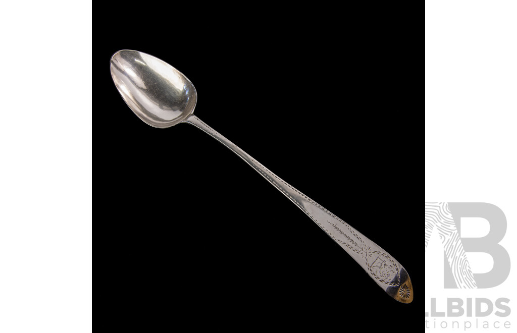 Antique Irish Sterling Silver Serving Spoon by John Shiels, Dublin, 1769 with Engraved Detail and Lion Monogram to Top
