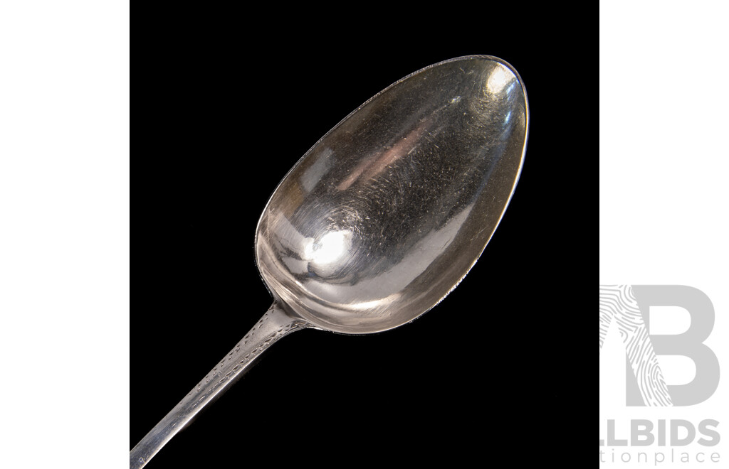 Antique Irish Sterling Silver Serving Spoon by John Shiels, Dublin, 1769 with Engraved Detail and Lion Monogram to Top