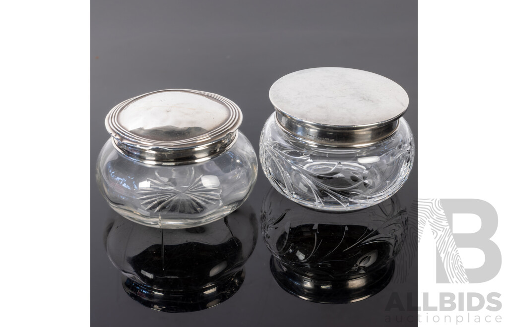 Vintage English Glass Vanity Jar with Sterling Silver Lid, Birmingham, 1950 Along with Another, London 1916