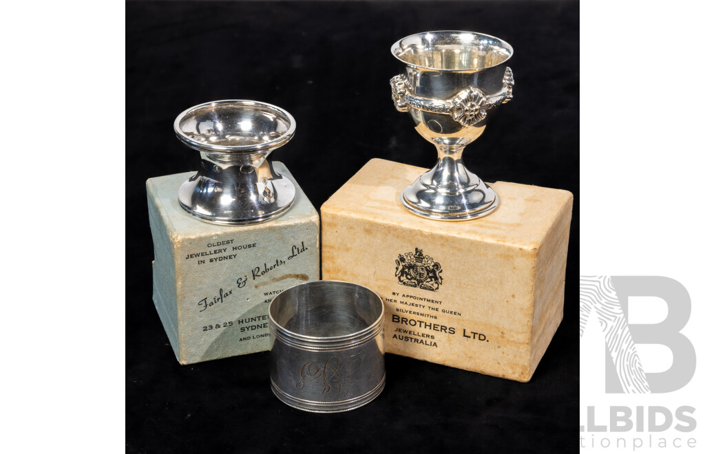 Three Sterling Silver Items Comprising Hardy Bros Egg Cup in Box, Fairfax & Roberts Napkin Ring in Box, London 1908 & Napkin Ring Birmingham 1902