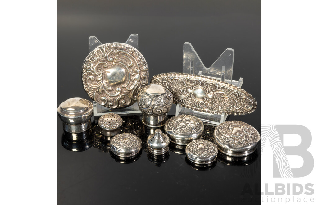 Collection Ten Sterling Silver Embossed Scent Bottle Lids Most with Embossed Floral Theme, Birmingham & London, 1900 to 1920s