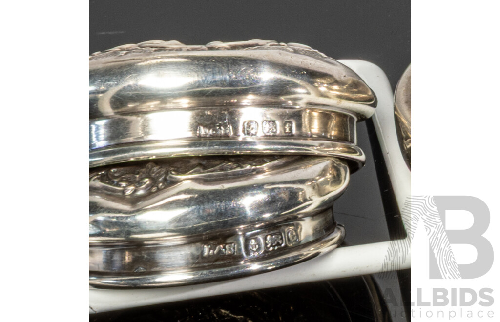 Collection Ten Sterling Silver Embossed Scent Bottle Lids Most with Embossed Floral Theme, Birmingham & London, 1900 to 1920s