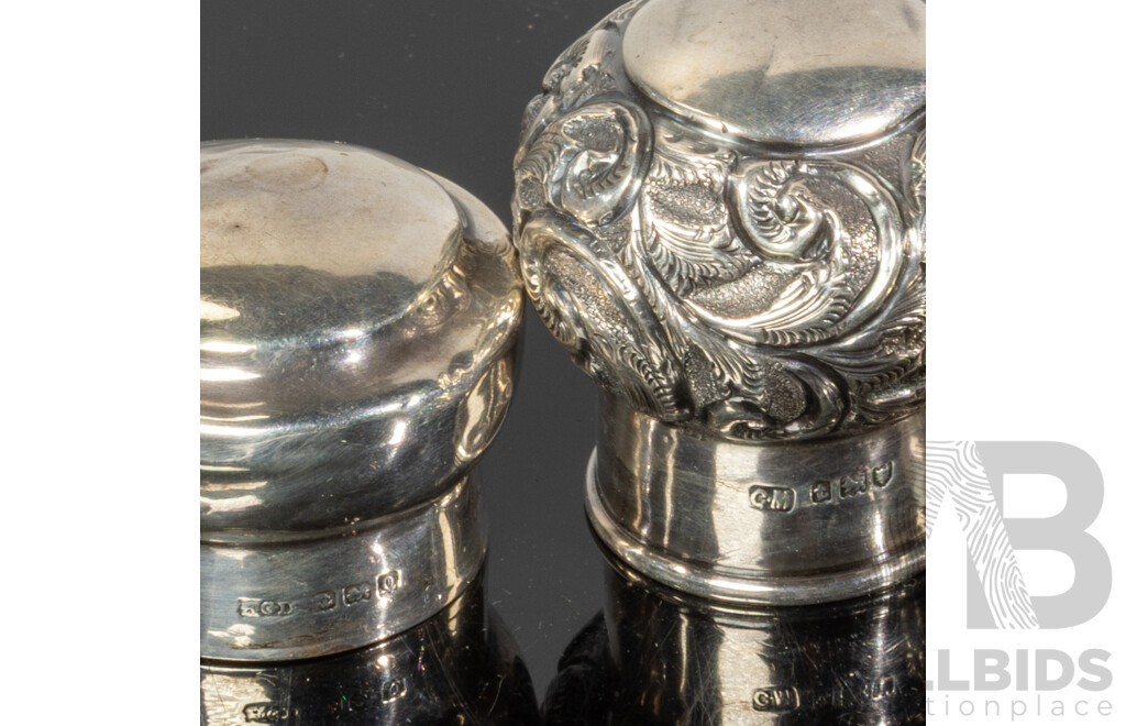 Collection Ten Sterling Silver Embossed Scent Bottle Lids Most with Embossed Floral Theme, Birmingham & London, 1900 to 1920s