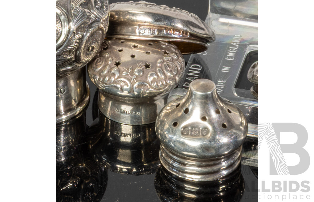 Collection Ten Sterling Silver Embossed Scent Bottle Lids Most with Embossed Floral Theme, Birmingham & London, 1900 to 1920s
