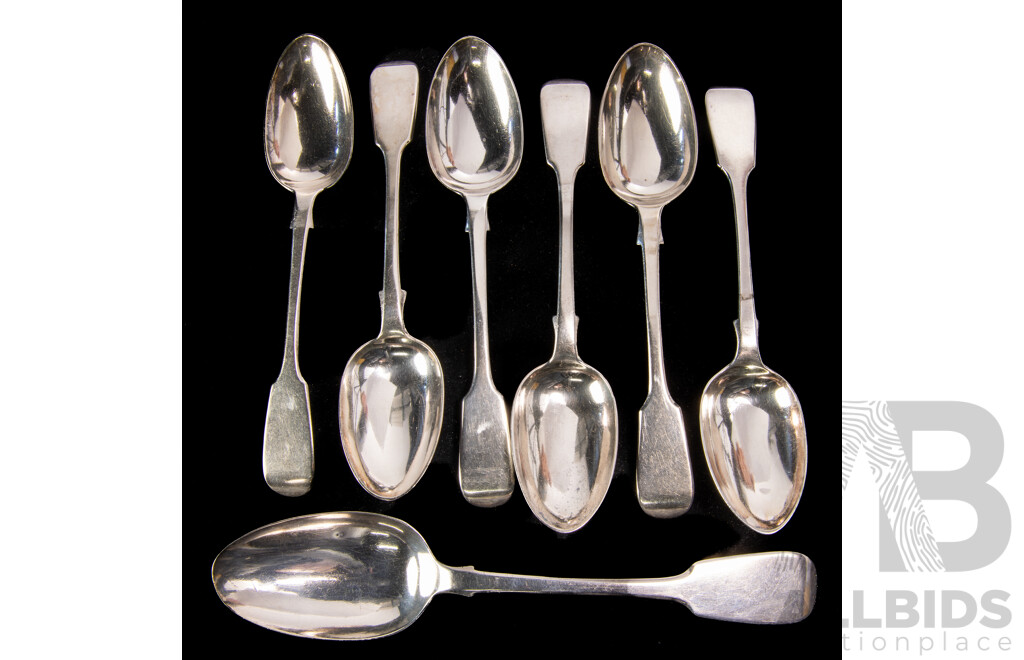 Set Six Antique Sterling Silver Dinner Spoons, George Aldwinckle, London 1855 Along with Sterling Silver Table Spoon, William Eaton, London, 1830