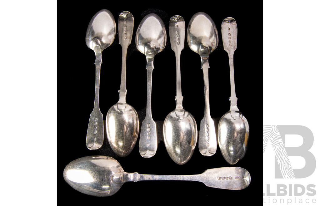 Set Six Antique Sterling Silver Dinner Spoons, George Aldwinckle, London 1855 Along with Sterling Silver Table Spoon, William Eaton, London, 1830