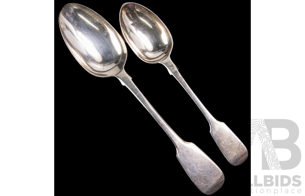 Set Six Antique Sterling Silver Dinner Spoons, George Aldwinckle, London 1855 Along with Sterling Silver Table Spoon, William Eaton, London, 1830