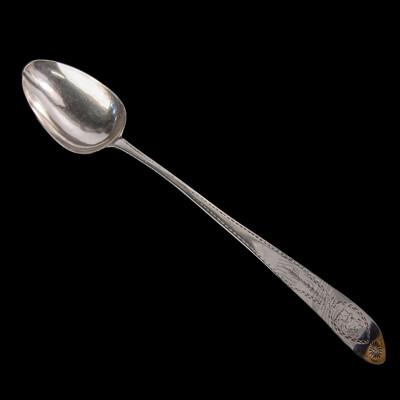 Antique Irish Sterling Silver Serving Spoon by John Shiels, Dublin, 1769 with Engraved Detail and Lion Monogram to Top