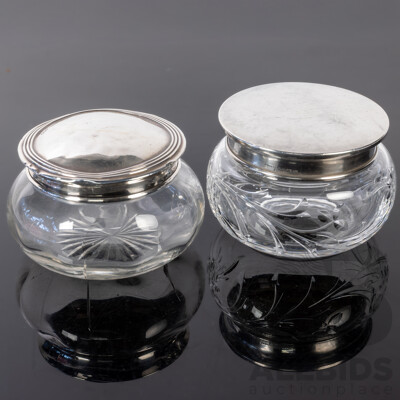 Vintage English Glass Vanity Jar with Sterling Silver Lid, Birmingham, 1950 Along with Another, London 1916