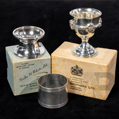 Three Sterling Silver Items Comprising Hardy Bros Egg Cup in Box, Fairfax & Roberts Napkin Ring in Box, London 1908 & Napkin Ring Birmingham 1902