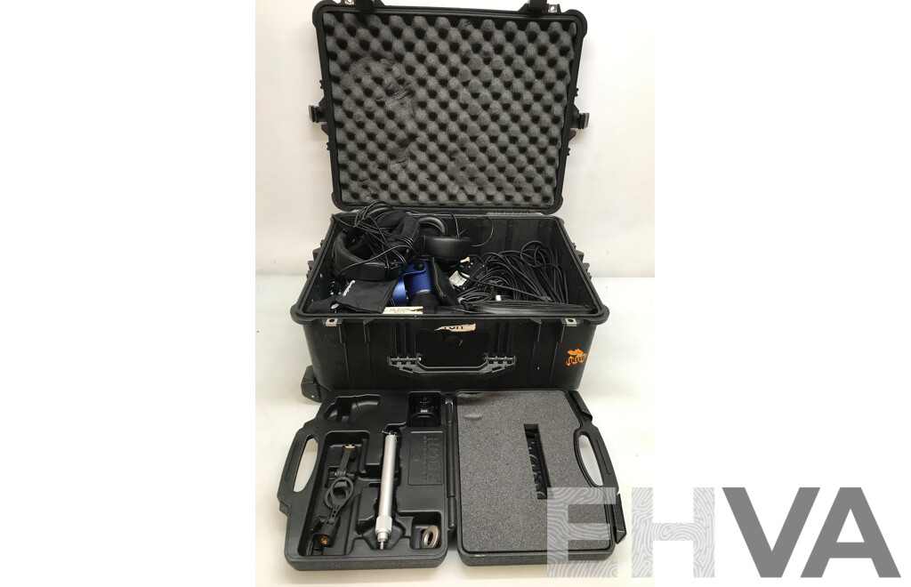 Assorted AV Equipment Including Headphones, Microphones, Mixer, and More with Pelican 1610 Case