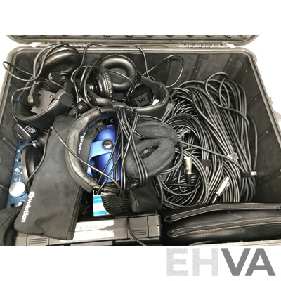 Assorted AV Equipment Including Headphones, Microphones, Mixer, and More with Pelican 1610 Case