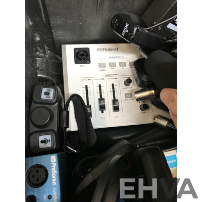 Assorted AV Equipment Including Headphones, Microphones, Mixer, and More with Pelican 1610 Case