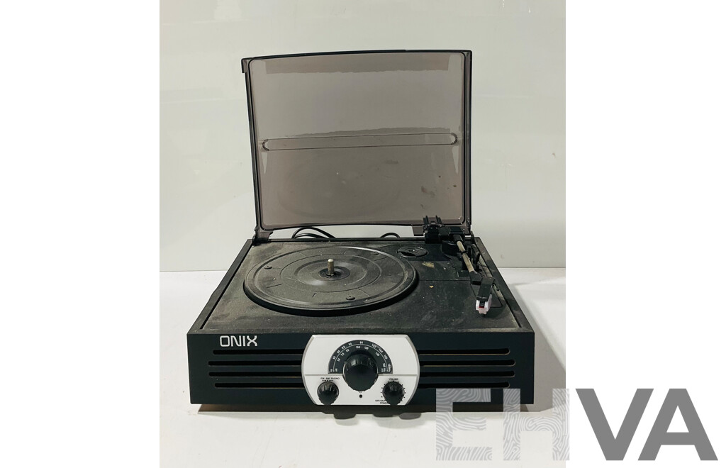 Set Three Technics SB PS10 Speakers, Onix Stereo Turntable and AM FM Radio and Technics Audio System Remote RAK CH202WH