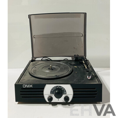 Set Three Technics SB PS10 Speakers, Onix Stereo Turntable and AM FM Radio and Technics Audio System Remote RAK CH202WH