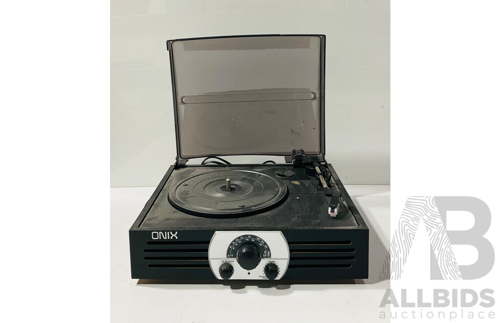Set Three Technics SB PS10 Speakers, Onix Stereo Turntable and AM FM Radio and Technics Audio System Remote RAK CH202WH