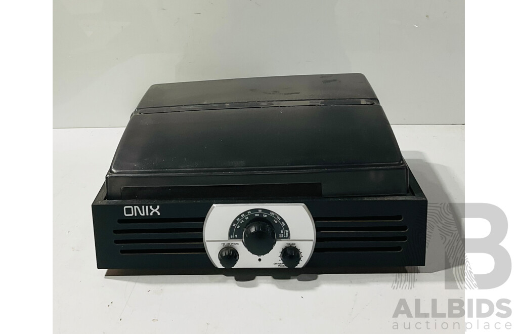 Set Three Technics SB PS10 Speakers, Onix Stereo Turntable and AM FM Radio and Technics Audio System Remote RAK CH202WH