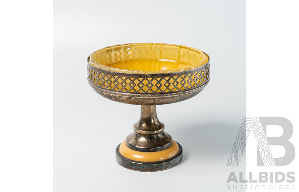 Antique Art Deco Australian Made Lewbury Silver Plate Comport with Bakelite Base and Yellow Glass Liner