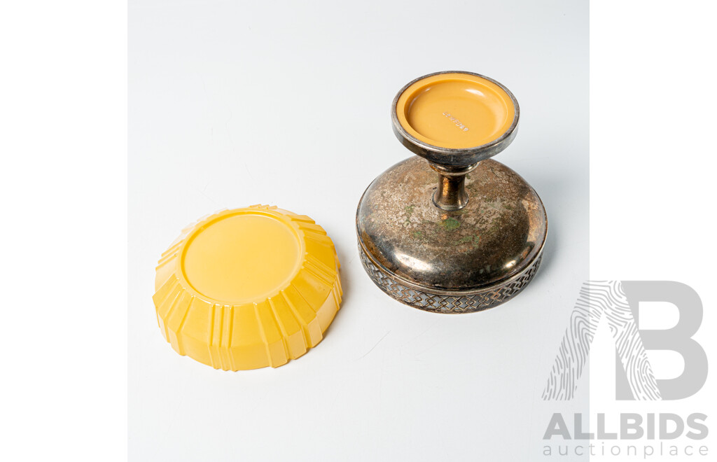 Antique Art Deco Australian Made Lewbury Silver Plate Comport with Bakelite Base and Yellow Glass Liner