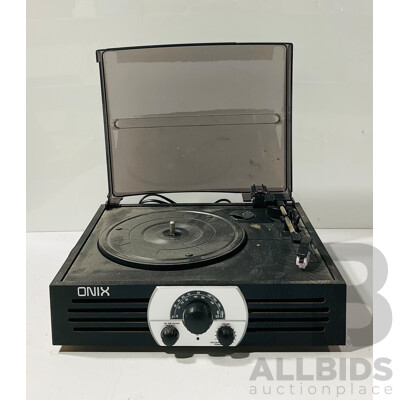 Set Three Technics SB PS10 Speakers, Onix Stereo Turntable and AM FM Radio and Technics Audio System Remote RAK CH202WH