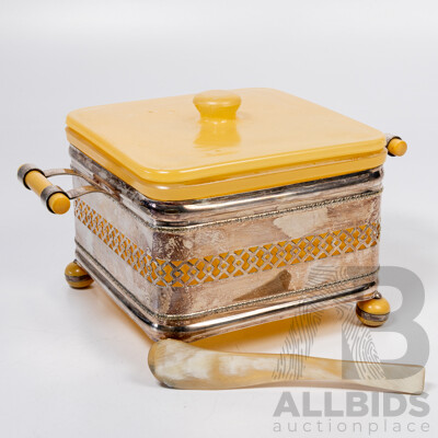 Antique Art Deco Australian Made Lewbury Silver Plate Lidded Butter Dish with Bakelite Base and Yellow Glass Liner & Lid Along with Scottish Horn Knife