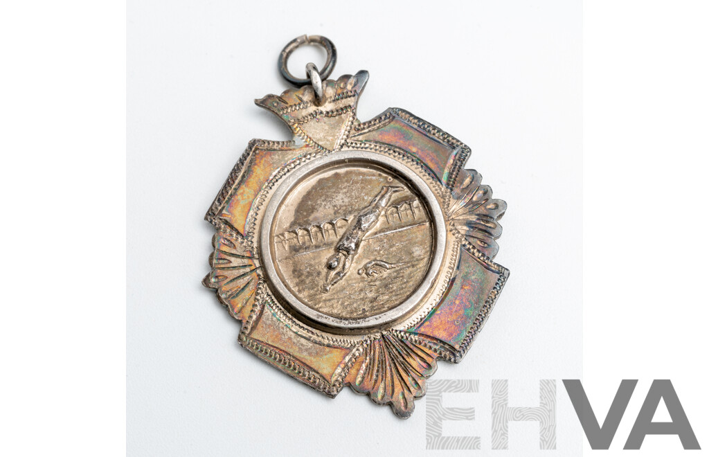 Antique Sterling Silver Swimming Medal Pendant, 1914, 40mm, 15.04 Grams