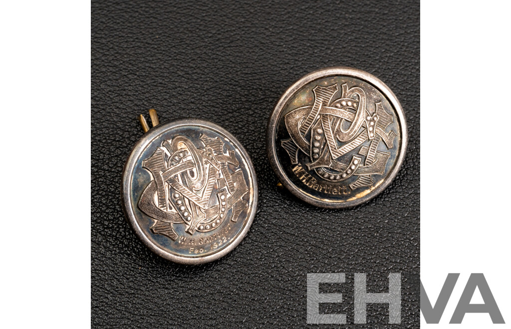 Antique Sterling Silver W.H Bartlett 1922 Embossed (2) Buttons, 11.38 Grams
