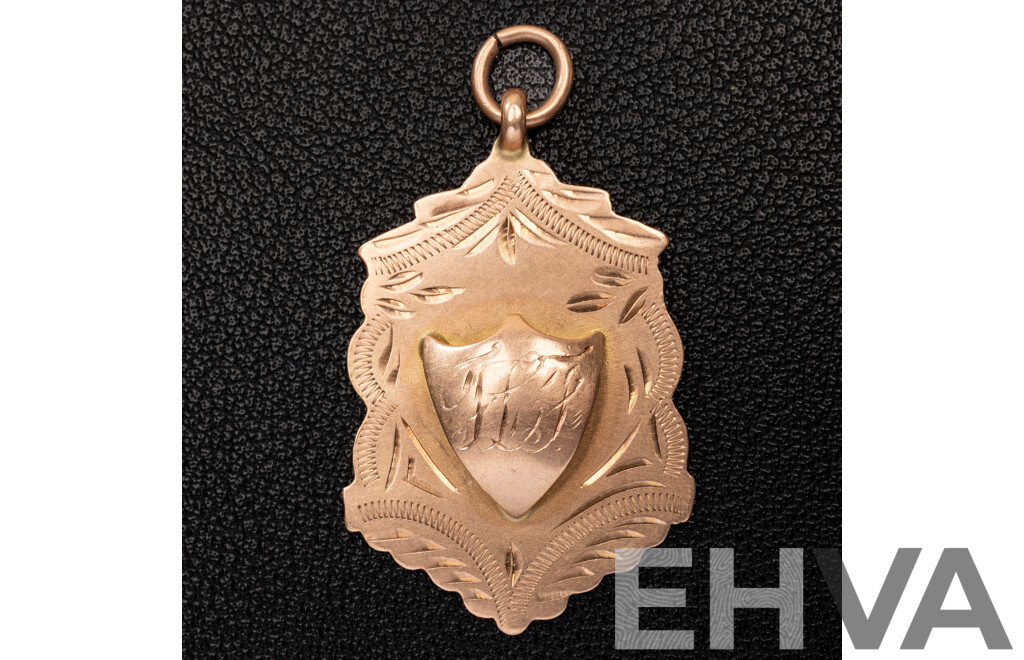 Antique 9ct Rose Gold Fob Sheild Medallion Pendant, 40mm, 4.27 Grams