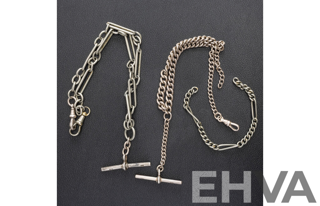 Antique Sterling Silver (2) Fob Chains, Both Birmingham 1908, with Other Silver, 53.10 Grams