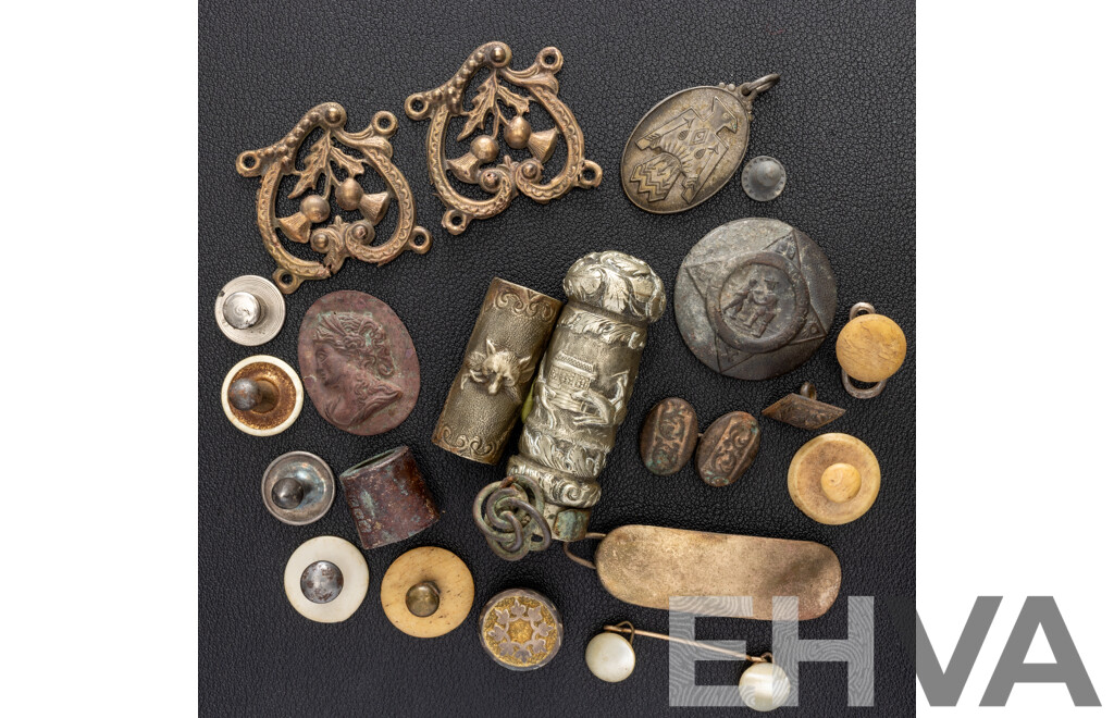 Antique Collection of Interesting Pieces Including Repousse Handle, French Fox Shell Art & Buttons