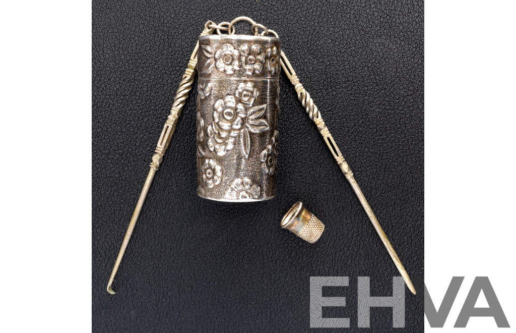Antique Sterling Silver Floral Repousse Vessel with Sterling Cotton Spool for Chatelaine, 22.18 Grams & Tatting Hooks