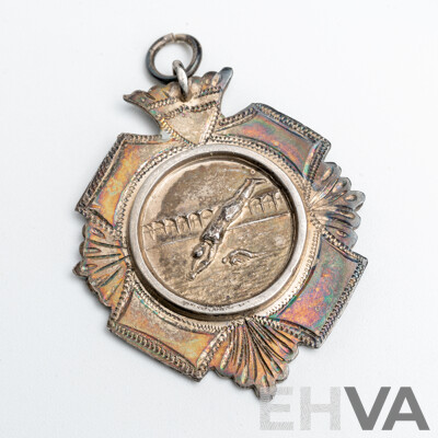 Antique Sterling Silver Swimming Medal Pendant, 1914, 40mm, 15.04 Grams