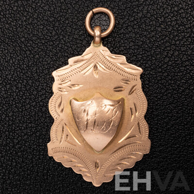 Antique 9ct Rose Gold Fob Sheild Medallion Pendant, 40mm, 4.27 Grams