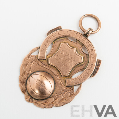 Antique 9ct Cantwell Football Medal Pendant, 1912 Season, 38mm, 5.90 Grams