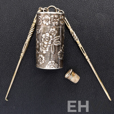 Antique Sterling Silver Floral Repousse Vessel with Sterling Cotton Spool for Chatelaine, 22.18 Grams & Tatting Hooks