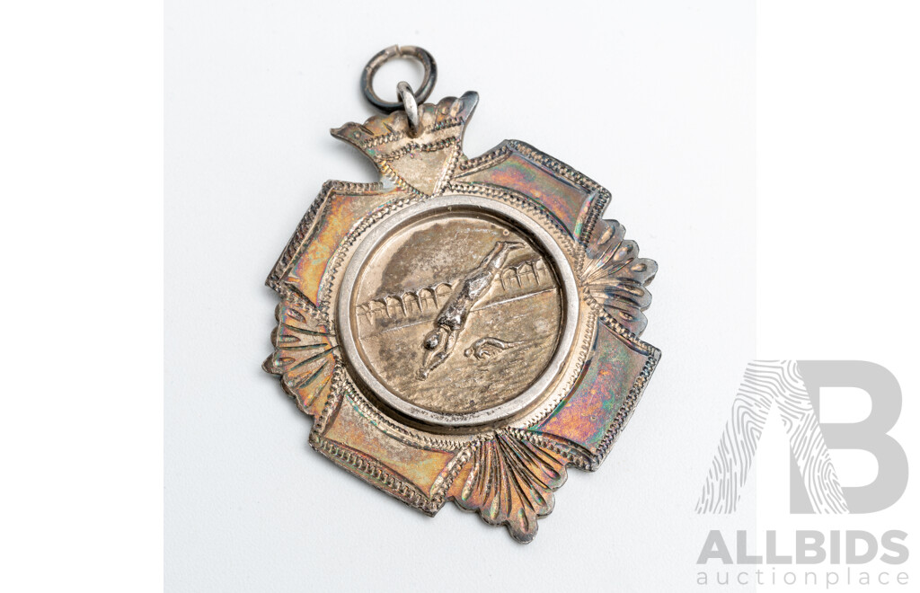 Antique Sterling Silver Swimming Medal Pendant, 1914, 40mm, 15.04 Grams