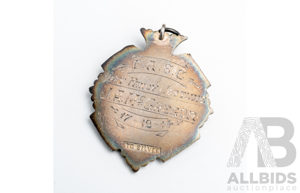 Antique Sterling Silver Swimming Medal Pendant, 1914, 40mm, 15.04 Grams