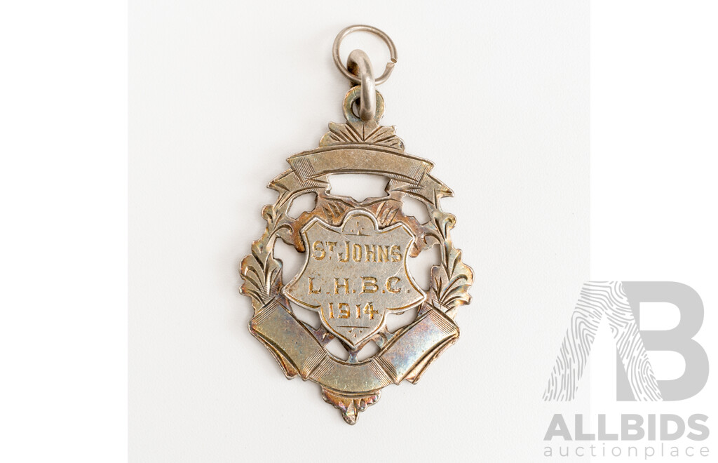 Antique Sterling Silver Medal Pendant, St Johns L.H.B.C. 1914 , 38mm, 7.21 Grams