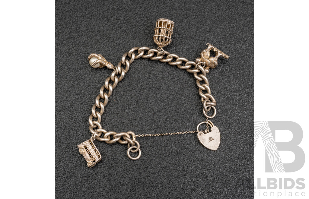 Vintage Sterling Silver Curb Link Heart Padlock Bracelet with (4) Vintage Sterling Silver Charms, 45.51 Grams