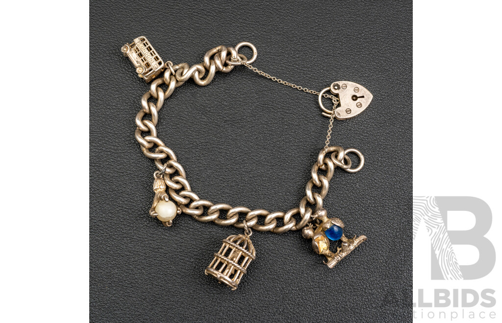 Vintage Sterling Silver Curb Link Heart Padlock Bracelet with (4) Vintage Sterling Silver Charms, 45.51 Grams
