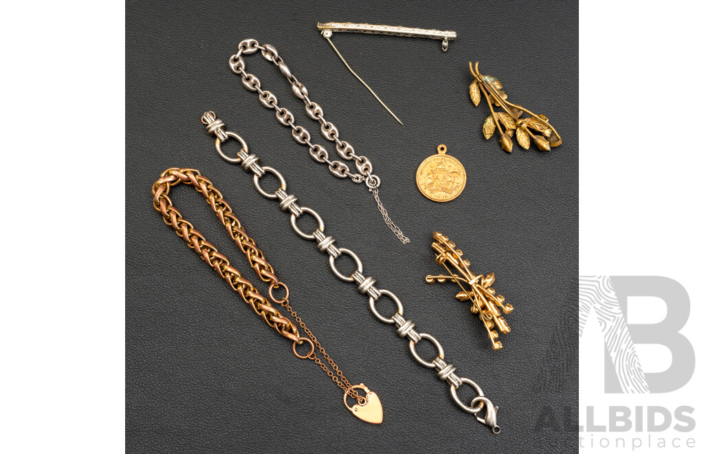 Collection of Vintage Jewellery Including Sterling Silver Bar & Chain Link Braclet, 19cm, in Old Chocolate Box
