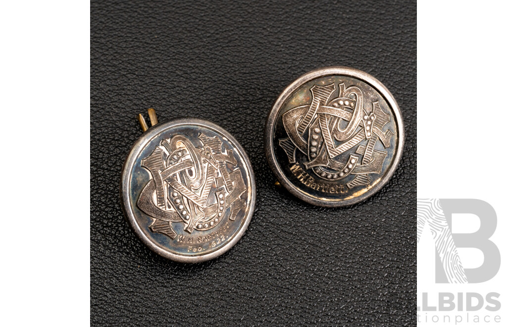 Antique Sterling Silver W.H Bartlett 1922 Embossed (2) Buttons, 11.38 Grams