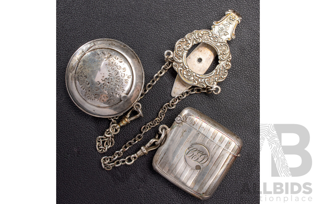 Antique Sterling Silver Twin Chain Chatelaine with Vesta Box & Powder Compact, Birmingham 1899, 65.0 Grams