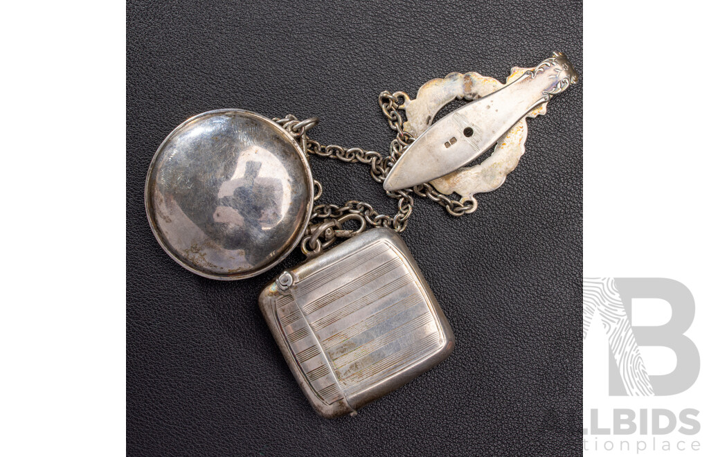 Antique Sterling Silver Twin Chain Chatelaine with Vesta Box & Powder Compact, Birmingham 1899, 65.0 Grams